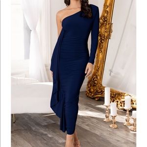 Navy Blue Ruched Maxi Dress, Size Large/US10, Worn Once